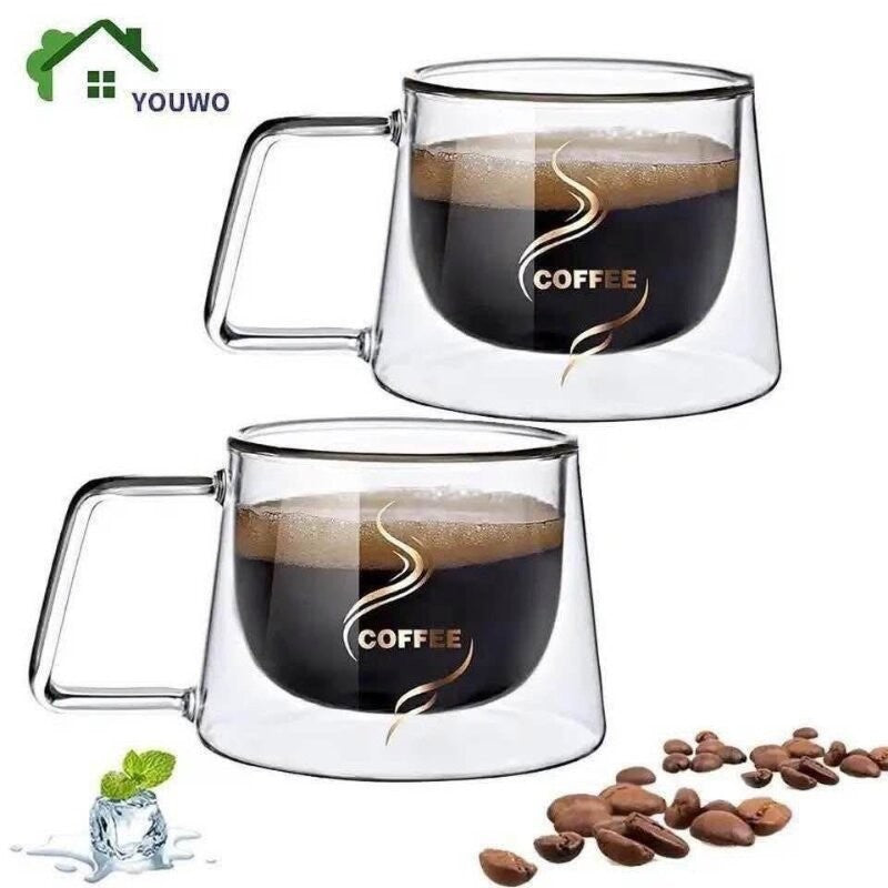 Lot 2 Tasses à café en verre double paroi de 200 ml résistantes à la chaleur